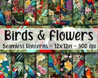 Tropical Birds and Flowers SEAMLESS Patterns - Floral Digital Paper - 16 Designs - 12x12in - Commercial Use - Tropical Bird Patterns