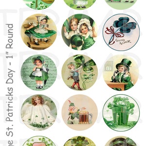 May include: Twelve 1-inch round printable stickers featuring vintage St. Patrick's Day illustrations. The stickers feature images of children, leprechauns, shamrocks, and other Irish symbols. The stickers are perfect for adding a touch of Irish charm to your St. Patrick's Day celebrations.