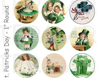 Vintage St Patricks Day - 4 x 6 Digital Collage Sheet  - 1 inch Round Circles - INSTANT DOWNLOAD