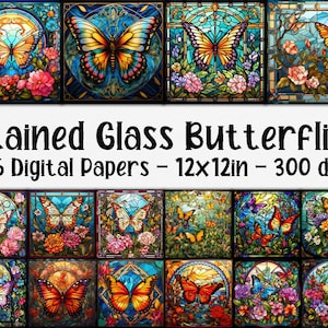 Borboletas de vitral Papel digital - Fundos de vitral de borboletas - 16 designs - 12 pol x 12 pol - Uso comercial