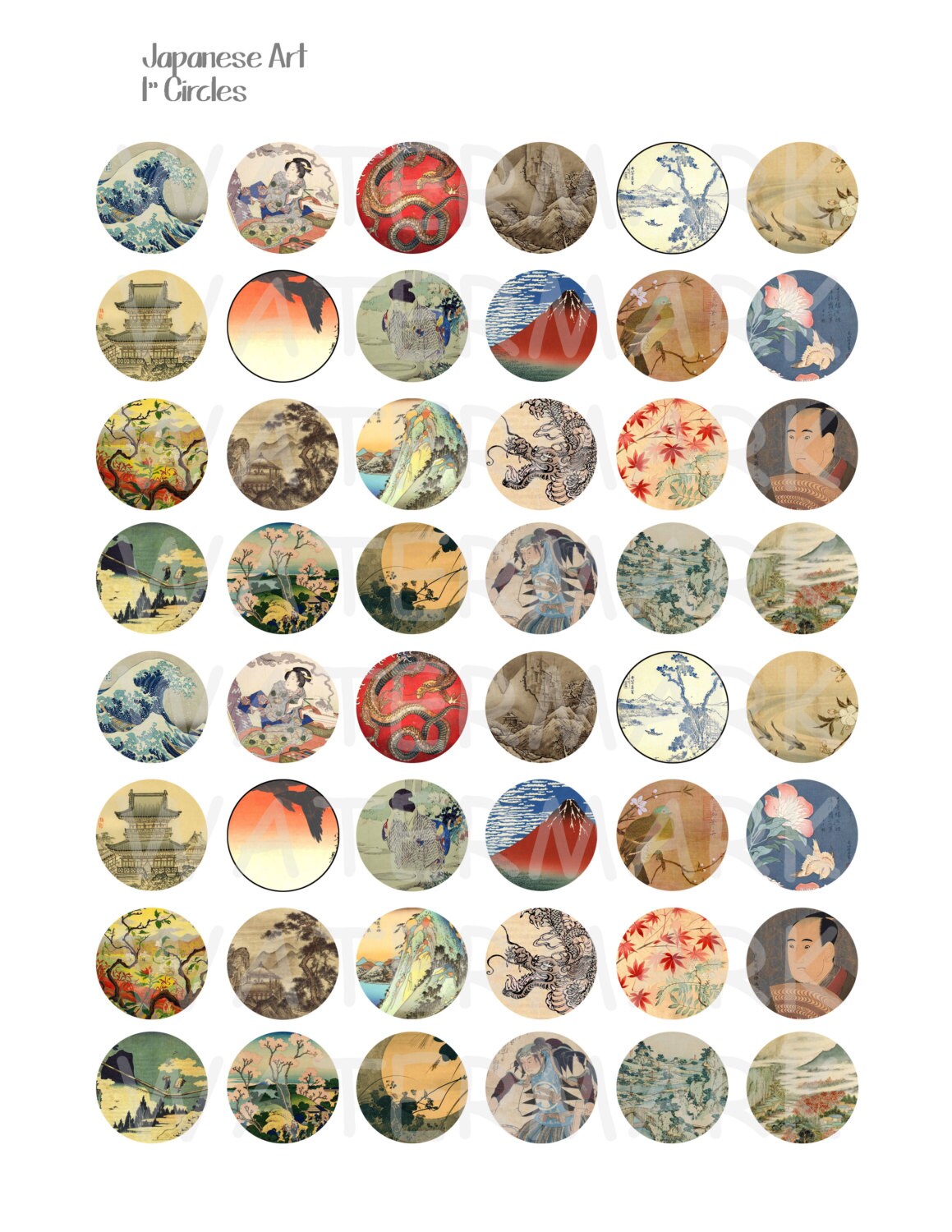 Japanese Art - Digital Collage Sheet - 1 Inch Round Circles - INSTANT ...