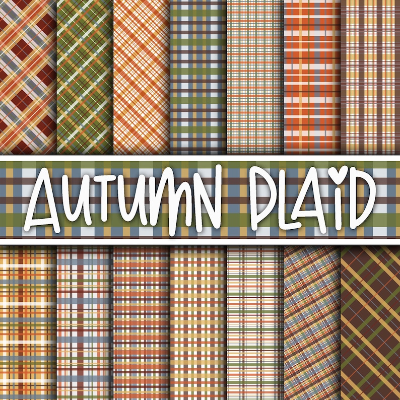 May include: A set of 12 digital paper patterns featuring various plaid designs in autumnal colors like red, orange, yellow, green, brown, and blue. The patterns are seamless and can be used for crafting, scrapbooking, and other creative projects. The text "AUTUMN PLAID" is displayed in the center of the image.