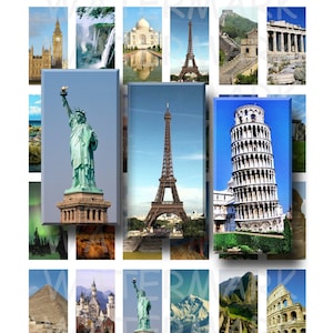 Maravilhas do Mundo - Folha de Colagem Digital - 1 x 2 polegadas Domino - DOWNLOAD INSTANTÂNEO