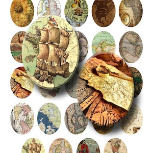 Mapas antiguos - Hoja de collage digital - 30x40mm óvalos - DESCARGA INSTANTE