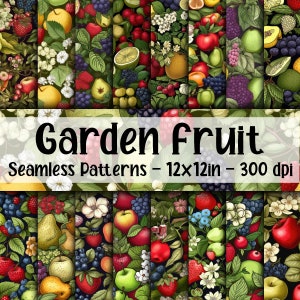 Patrones sin costuras de frutas de jardín - Papel digital de frutas de colores - 16 diseños - 12 x 12 pulgadas - Uso comercial - Patrones de frutas vintage