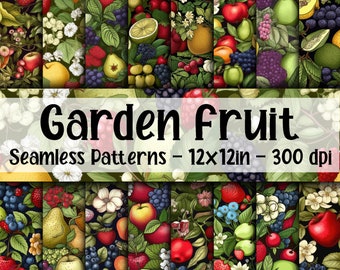 Garden Fruit SEAMLESS Patterns - Colorful Fruit Digital Paper - 16 Designs - 12x12in - Commercial Use - Vintage Fruit Patterns
