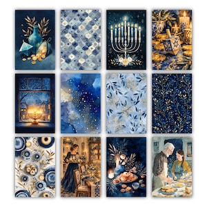 May include: A collection of twelve rectangular art prints featuring Hanukkah themes in shades of blue, gold, and white. The designs include a menorah, a dreidel, gold coins, floral patterns, a snowy window scene, and people preparing food.