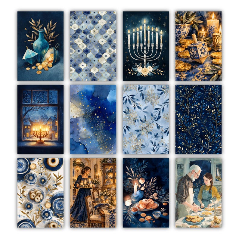 May include: A collection of twelve rectangular art prints featuring Hanukkah themes in shades of blue, gold, and white. The designs include a menorah, a dreidel, gold coins, floral patterns, a snowy window scene, and people preparing food.