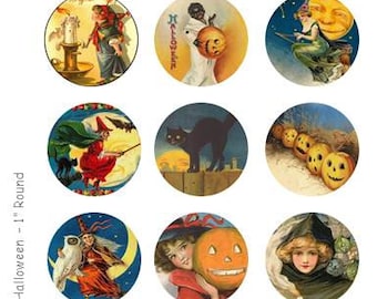 Vintage Halloween - 4 x 6 Digital Collage Sheet  - 1 inch Round Circles - INSTANT DOWNLOAD