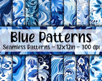 Blue SEAMLESS Patterns - Shades of Blue Digital Paper - 16 Designs - 12x12in - Commercial Use - Blue Pattern Designs
