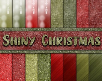 Shiny Christmas Digital Paper - Red and Green Glitter Christmas Backgrounds - 16 Designs - 12in x 12in - Commercial Use - INSTANT DOWNLOAD
