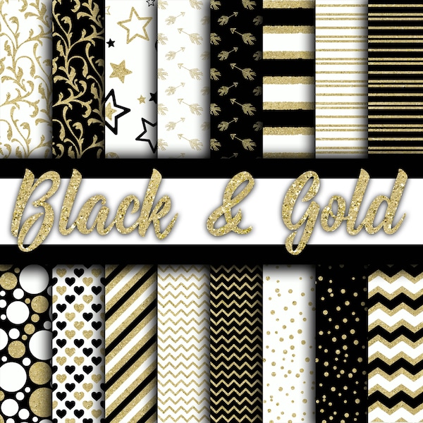 Black and Gold Digital Paper - Black and Gold Glitter Textures and Backgrounds -  16 Designs - 12x12in - Commercial Use -  INSTANT DOWNLOAD