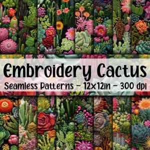 Papel digital bordado Cactus SEAMLESS - Papel digital Cactus - 16 designs - 12 x 12 pol - Uso comercial - Cactos e suculentas bordados