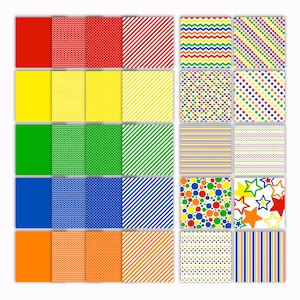 May include: A set of 20 digital paper patterns in red, yellow, green, blue, and orange. The patterns include stripes, polka dots, zigzags, and stars.