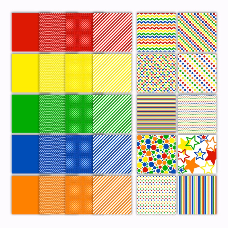 May include: A set of 20 digital paper patterns in red, yellow, green, blue, and orange. The patterns include stripes, polka dots, zigzags, and stars.