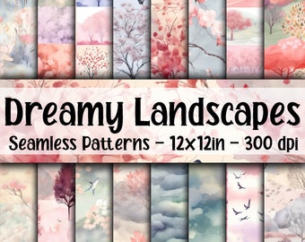 Dreamy Watercolor Landscapes SEAMLESS Patterns - Landscapes Digital Paper - 16 Designs - 12x12in - Commercial Use - Watercolor Landscapes