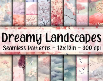 Dreamy Watercolor Landscapes SEAMLESS Patterns - Landscapes Digital Paper - 16 Designs - 12x12in - Commercial Use - Watercolor Landscapes
