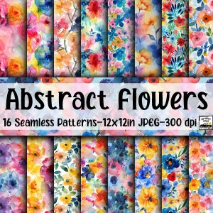 Abstracte aquarelbloemen NAADLOZE patronen - abstracte bloemen digitaal papier - 16 ontwerpen - 12 x 12 in - commercieel gebruik - bloempatronen