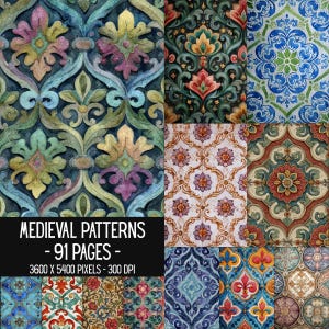 Padrões Medievais | 91 Papéis Digitais Ornamentais Imprimíveis | Fundos Decorativos Góticos | Páginas Vintage para Diário de Arte