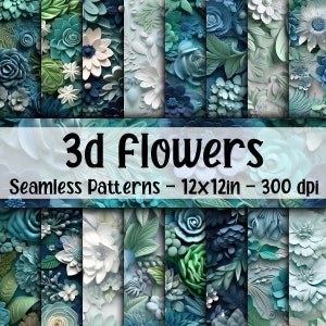 Flores 3D em Azul e Verde - Padrões de Flores 3D Sem Costura - 16 Designs - 12 x 12 pol - Uso Comercial - Sublimação de Flores 3D