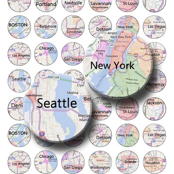 City Maps - Digital Collage Sheet  - 1 inch Round Circles - INSTANT DOWNLOAD