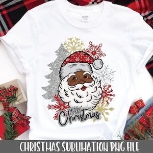 Design de Sublimação de Papai Noel - Feliz Natal PNG - Rosto Preto de Papai Noel PNG - Sublimação de Natal - Clipart de Papai Noel - Flocos de Neve Brilhantes