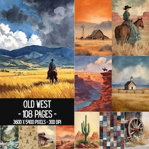 Puede incluir: Una colección digital de 108 páginas con temática del Lejano Oeste que incluye ilustraciones en acuarela de vaqueros a caballo, paisajes desérticos, cañones, cactus, graneros rústicos y ruedas de carreta, con el texto 3600 x 5400 píxeles y 300 DPI.