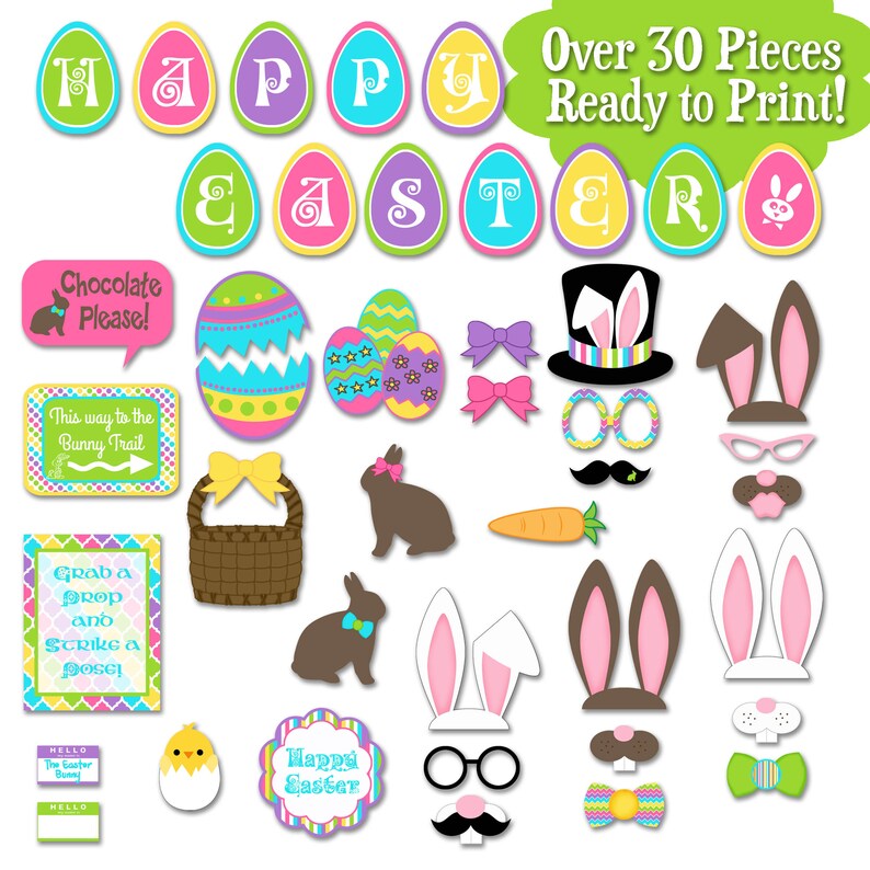 Puede incluir: Un conjunto de 30 accesorios de cabina de fotos imprimibles con tem&aacute;tica de Pascua. Los accesorios incluyen orejas de conejo, sombreros, gafas, bigotes, zanahorias, huevos y letreros con saludos de Pascua. Los accesorios son coloridos y divertidos, perfectos para una fiesta de Pascua.