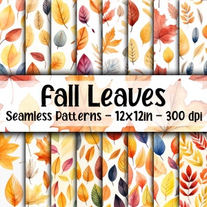 Hojas de otoño en acuarela - Patrones sin costuras - Papel digital de hojas de otoño - 16 diseños - 12 x 12 pulgadas - Uso comercial - Patrones de hojas de otoño