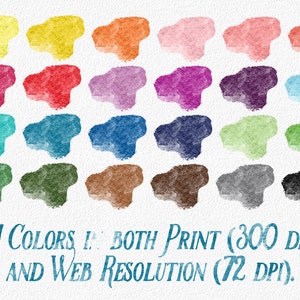 May include: A collection of 24 watercolor paint swatches in various colors, including yellow, red, blue, green, brown, and gray. The swatches are arranged in four rows of six, with each swatch being a slightly irregular shape. The text "24 COLORS IN BOTH PRINT (300 DPI) AND WEB RESOLUTION (72 DPI)." is written below the swatches.