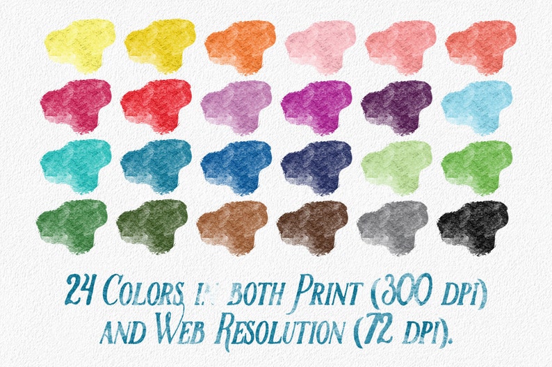 May include: A collection of 24 watercolor paint swatches in various colors, including yellow, red, blue, green, brown, and gray. The swatches are arranged in four rows of six, with each swatch being a slightly irregular shape. The text "24 COLORS IN BOTH PRINT (300 DPI) AND WEB RESOLUTION (72 DPI)." is written below the swatches.