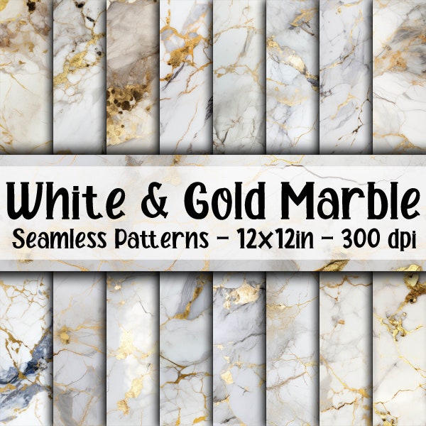 White and Gold Marble SEAMLESS Patterns - Marble Digital Paper - 16 Designs - 12x12in - Commercial Use - Marble Patterns