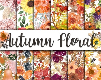 Autumn Floral Digital Paper - Watercolor Flower Backgrounds -  12 Designs - 12x12in - Commercial Use - Fall Floral Sublimation