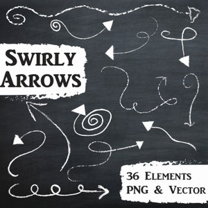 Chalkboard Arrows Clip Art - Swirly Arrows Clipart Set -Commercial Use Vector - 36 Images in PNG and EPS format - Free Chalkboard Background