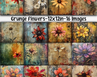 Grunge Flowers Digital Paper - Antique Flower Textures - 16 Designs - 12in x 12in - Commercial Use - INSTANT DOWNLOAD