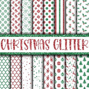 Classic Christmas Glitter Digital Paper - Red and Green Christmas Backgrounds - 16 Designs - 12in x 12in - Commercial Use - Instant Download