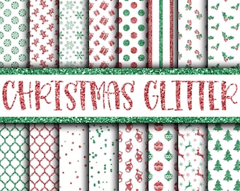 Classic Christmas Glitter Digital Paper - Red and Green Christmas Backgrounds - 16 Designs - 12in x 12in - Commercial Use - Instant Download