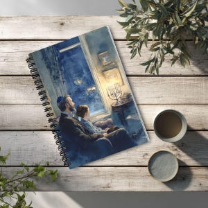 May include: A spiral-bound notebook featuring an illustration of a person wearing a blue kippah and a child sitting together by a window, looking at a lit menorah. The scene is rendered in shades of blue and warm yellow, capturing a quiet moment.