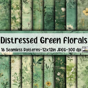 Verontruste groene bloemen NAADLOZE patronen - groene bloem ephemera digitaal papier - 16 ontwerpen - 12 x 12 in - commercieel gebruik