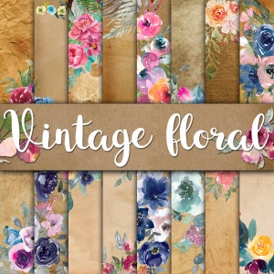 Papéis Digitais Florais Vintage - Flores em Aquarela e Fundos de Papel Antigo - 16 Designs - 12 x 12 pol - Uso Comercial - Sublimação Floral