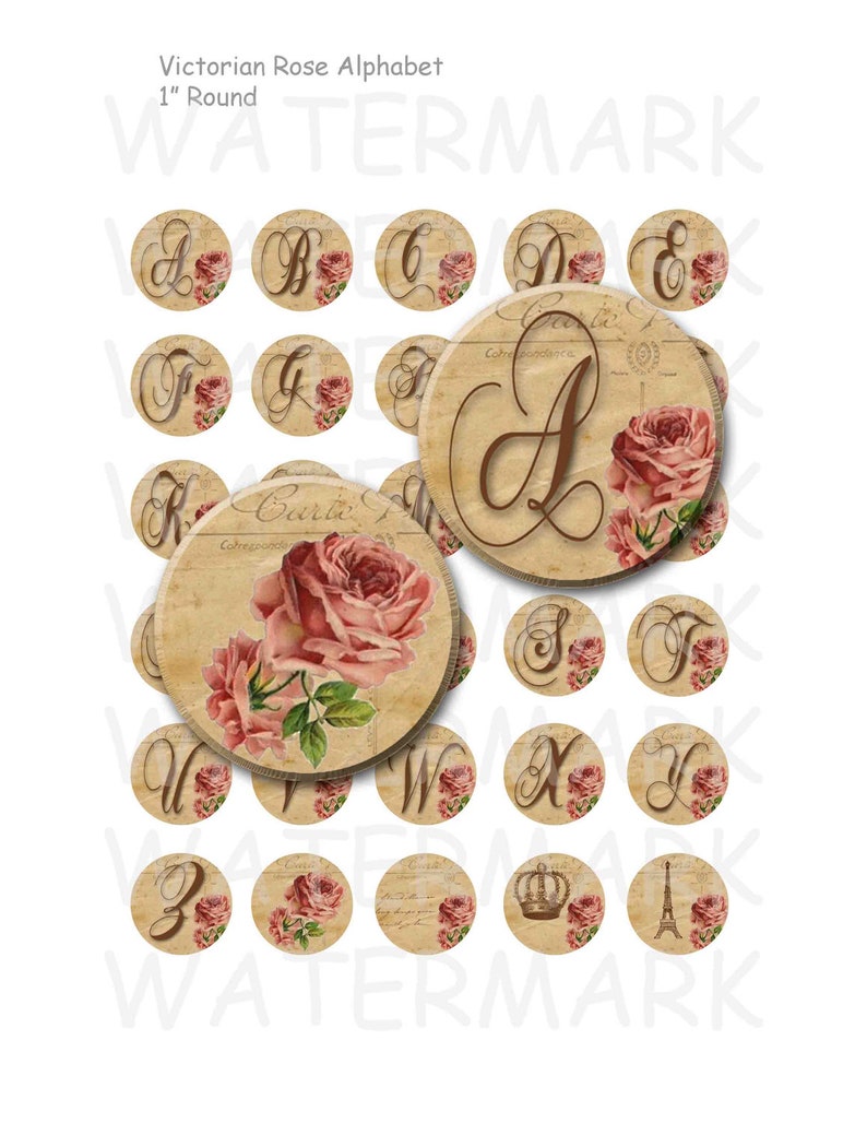 Victorian Rose Alphabet - Digital Collage Sheet - 1 Inch Round Circles ...