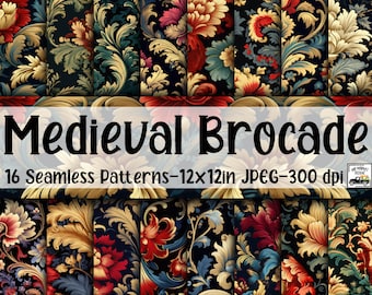 Medieval Brocade SEAMLESS Patterns - Brocade Tapestry Digital Paper - 16 Designs - 12x12in - Commercial Use - Medieval Tapestry Patterns