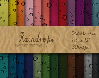 Raindrops Digital Paper -  Colorful Water Drops Textures -  24 Colors - 12in x 12in - Commercial Use -  INSTANT DOWNLOAD