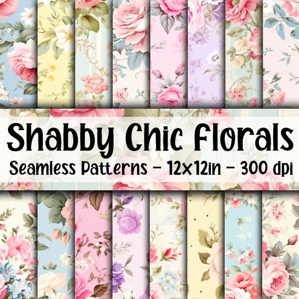 Shabby Chic Floral SEAMLESS Patterns - Shabby Chic Flowers Digital Paper - 16 Designs - 12x12in - Commercial Use