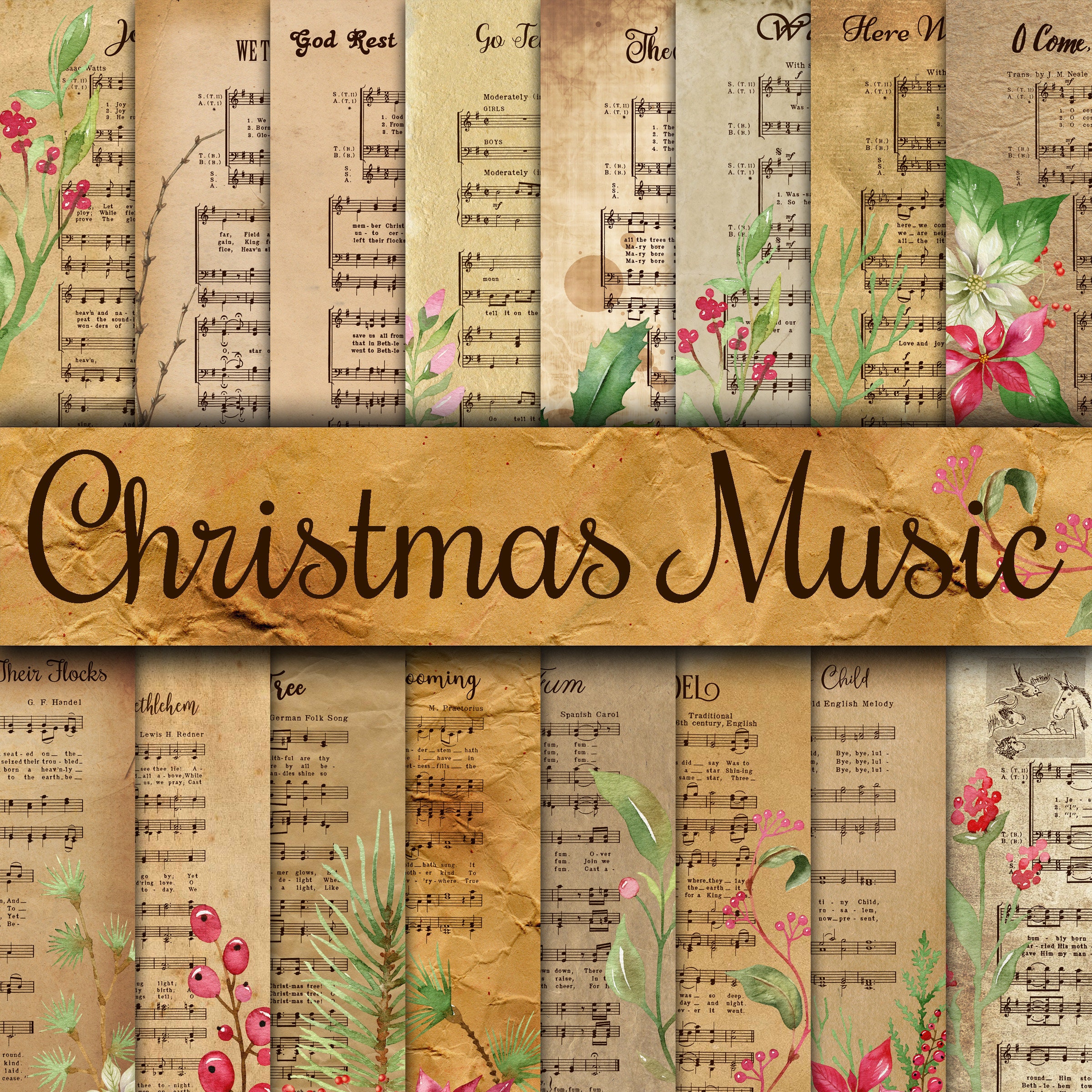 Download Vintage Christmas Music Digital Paper Old Christmas Sheet Etsy