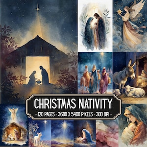 May include: A collection of watercolor-style Christmas nativity illustrations featuring scenes of the holy family, angels, shepherds, and animals under a bright star. A black label with white text reads CHRISTMAS NATIVITY - 120 PAGES - 3600 X 5400 PIXELS - 300 DPI.
