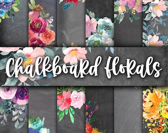 Chalkboard Floral Digital Papers - Watercolor Flower and Chalkboard Backgrounds - 12 Designs - 12x12in - Commercial Use - Floral Sublimation