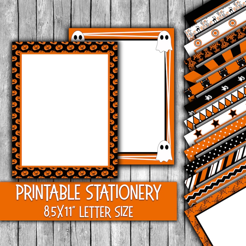 May include: Two printable stationery templates with Halloween themes. The left template features a black and orange border with a pattern of jack-o'-lanterns. The right template features a black and orange border with a pattern of white ghosts. Both templates are 8.5x11 inches, letter size.