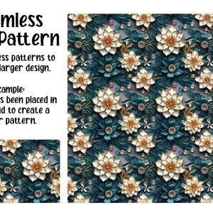 May include: A seamless pattern featuring white and gold flowers with teal leaves and sparkling jewels on a gray background. The text "Seamless Tiled Pattern" and "Use seamless patterns to create a larger design." is displayed above the pattern. The text "Example: Pattern has been placed in a 3x3 grid to create a larger pattern." is displayed below the pattern. A smaller version of the pattern is displayed in the lower left corner of the image.