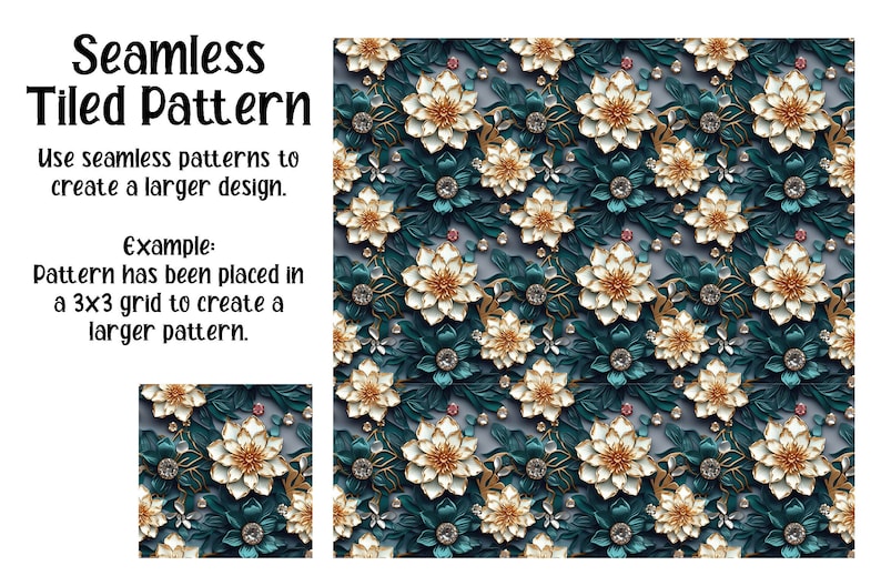 May include: A seamless pattern featuring white and gold flowers with teal leaves and sparkling jewels on a gray background. The text "Seamless Tiled Pattern" and "Use seamless patterns to create a larger design." is displayed above the pattern. The text "Example: Pattern has been placed in a 3x3 grid to create a larger pattern." is displayed below the pattern. A smaller version of the pattern is displayed in the lower left corner of the image.